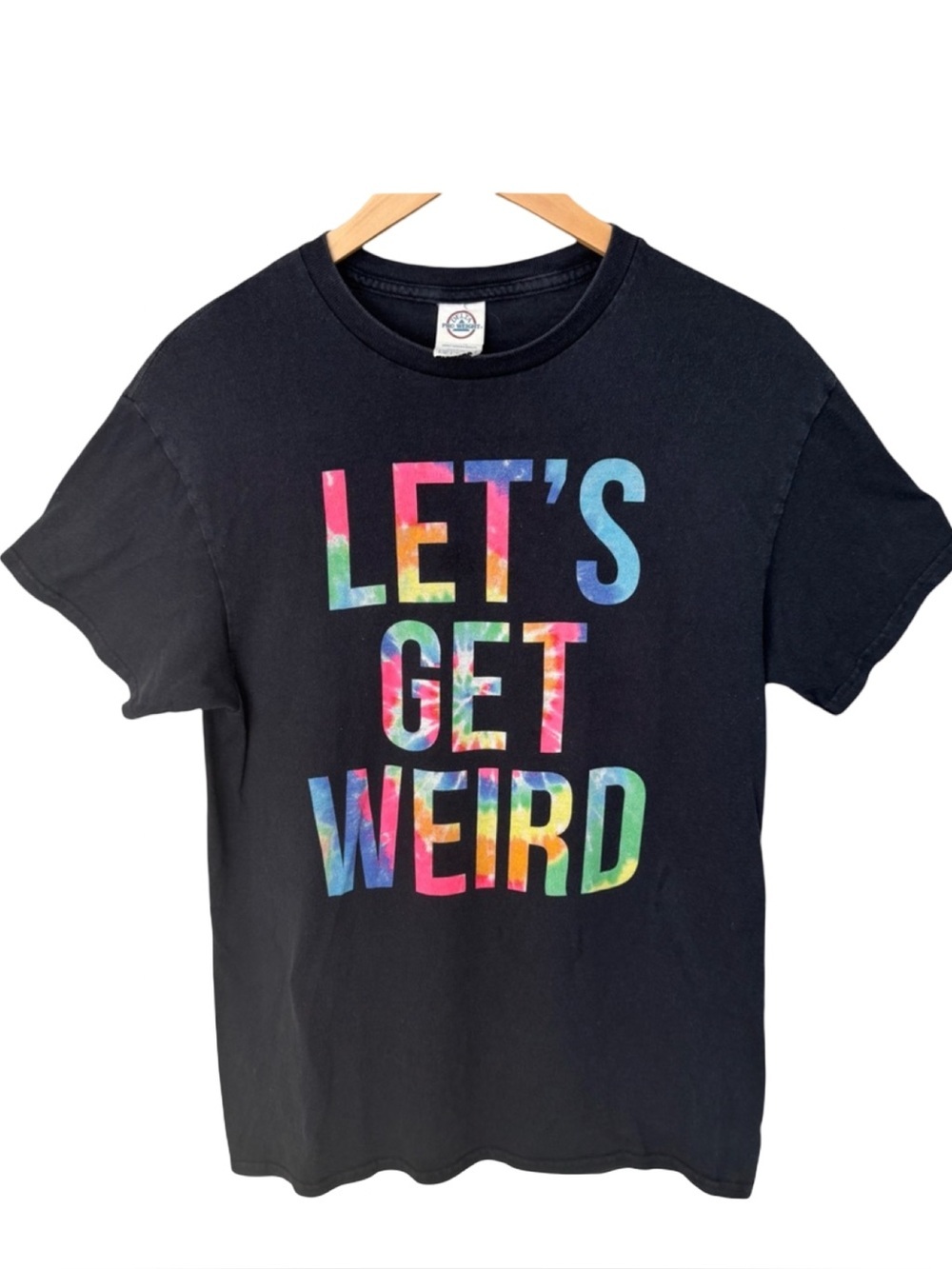 DELTA Unisex “Let’s Get Weird” Graphic Tee Black with Colorful Tie Dye Lettering